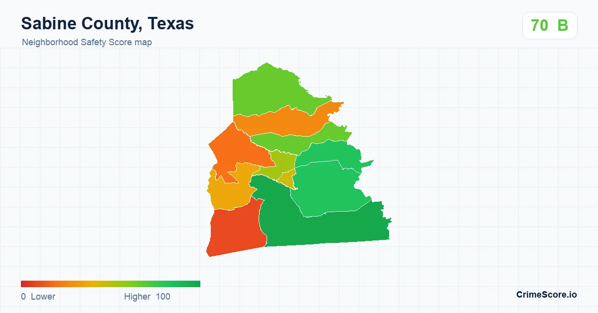 Sabine County, Texas neighborhood Safety Score map by Census block group