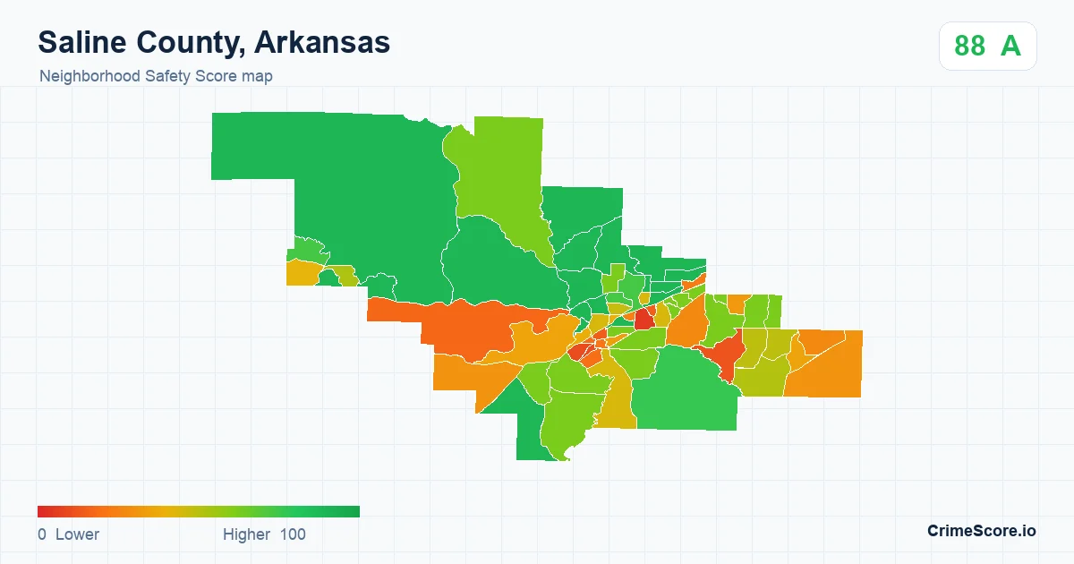 Saline County, Arkansas neighborhood Safety Score map by Census block group