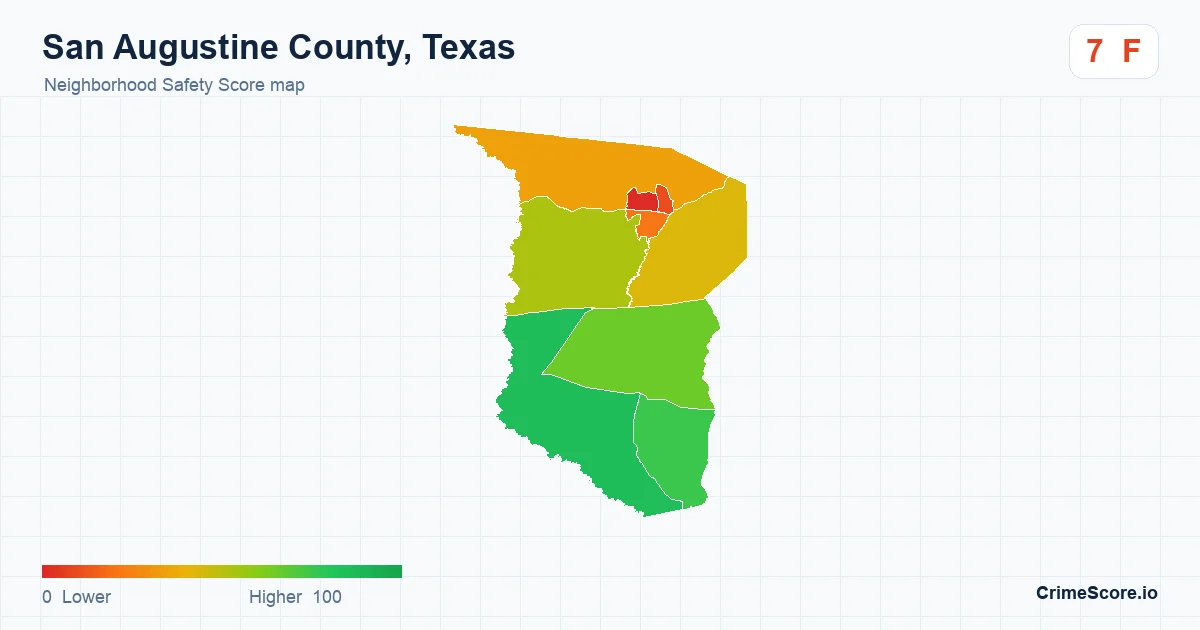 San Augustine County, Texas neighborhood Safety Score map by Census block group