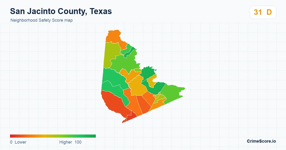 San Jacinto County, Texas neighborhood Safety Score map by Census block group