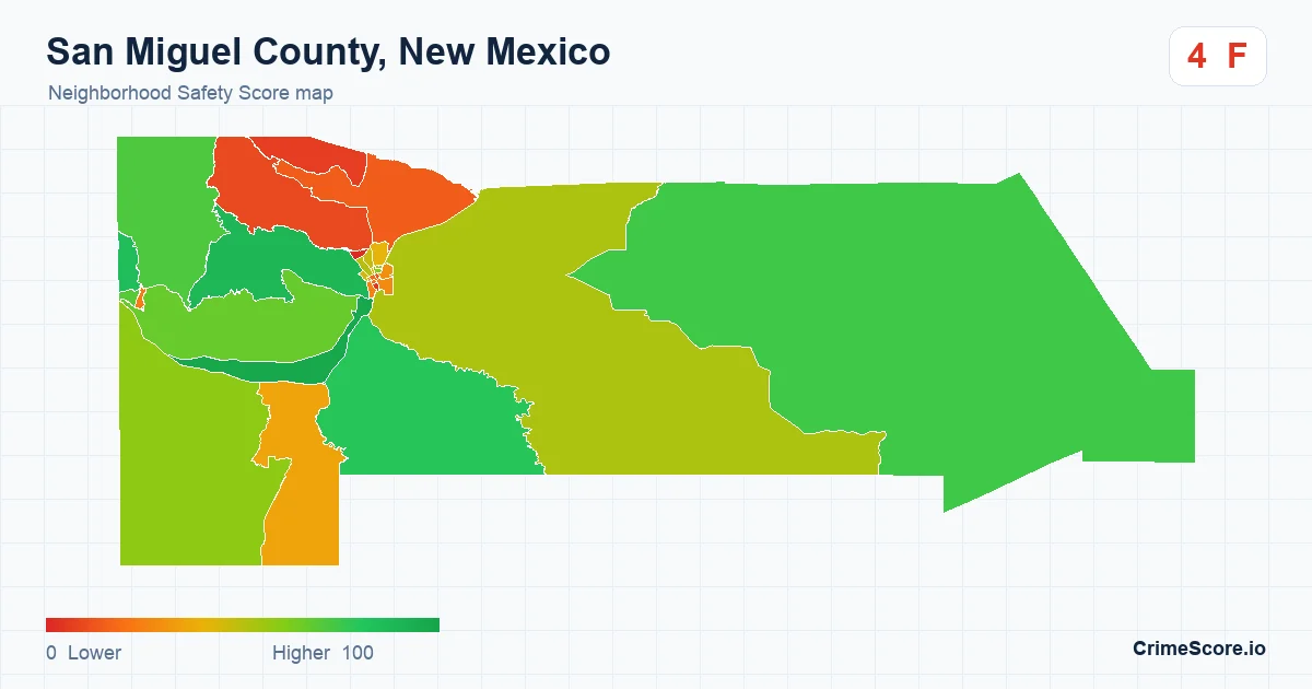 San Miguel County, New Mexico neighborhood Safety Score map by Census block group