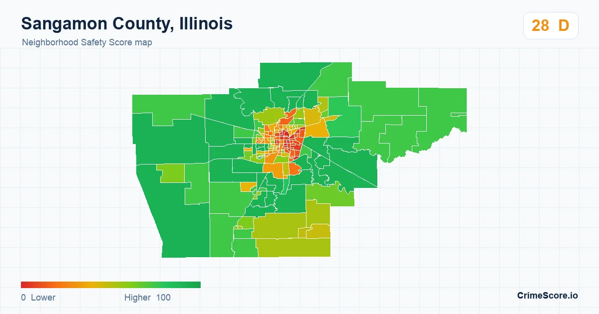 Sangamon County, Illinois neighborhood Safety Score map by Census block group