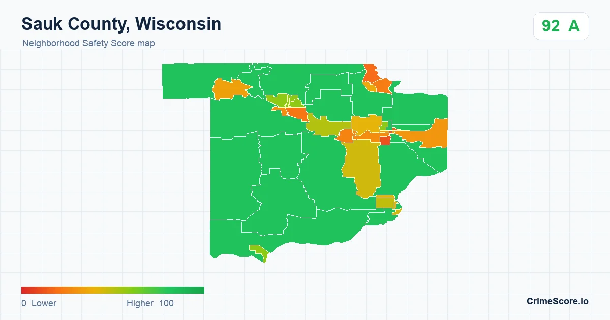 Sauk County, Wisconsin neighborhood Safety Score map by Census block group