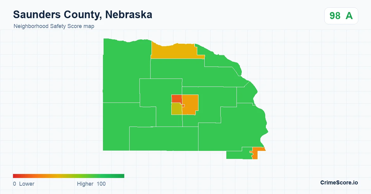 Saunders County, Nebraska neighborhood Safety Score map by Census block group