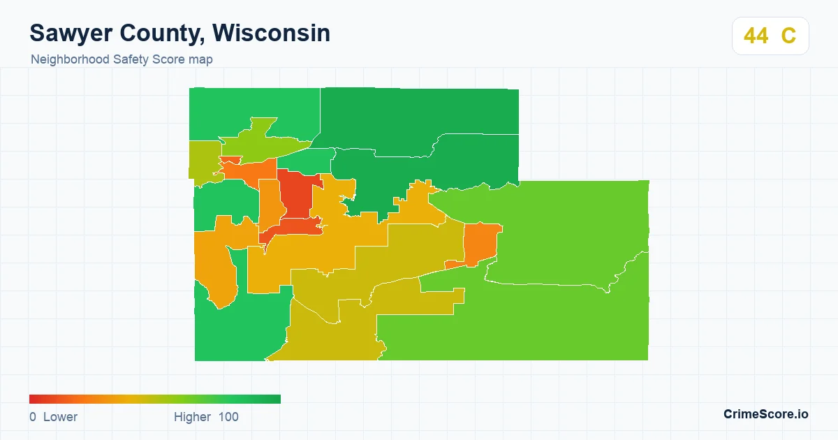 Sawyer County, Wisconsin neighborhood Safety Score map by Census block group