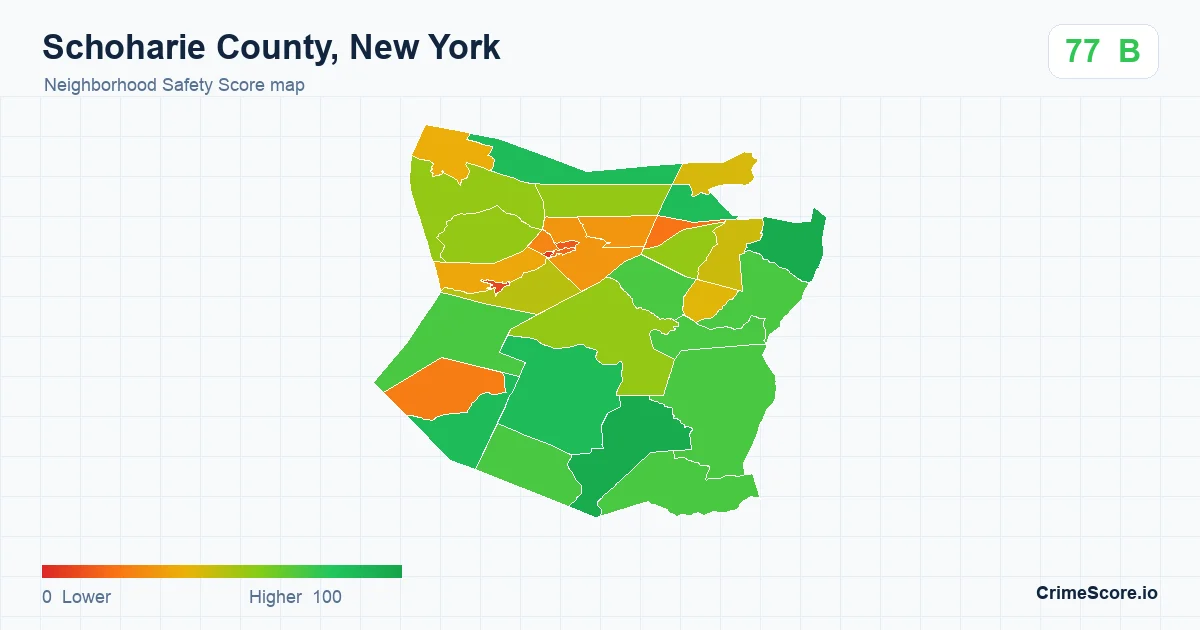 Schoharie County, New York neighborhood Safety Score map by Census block group