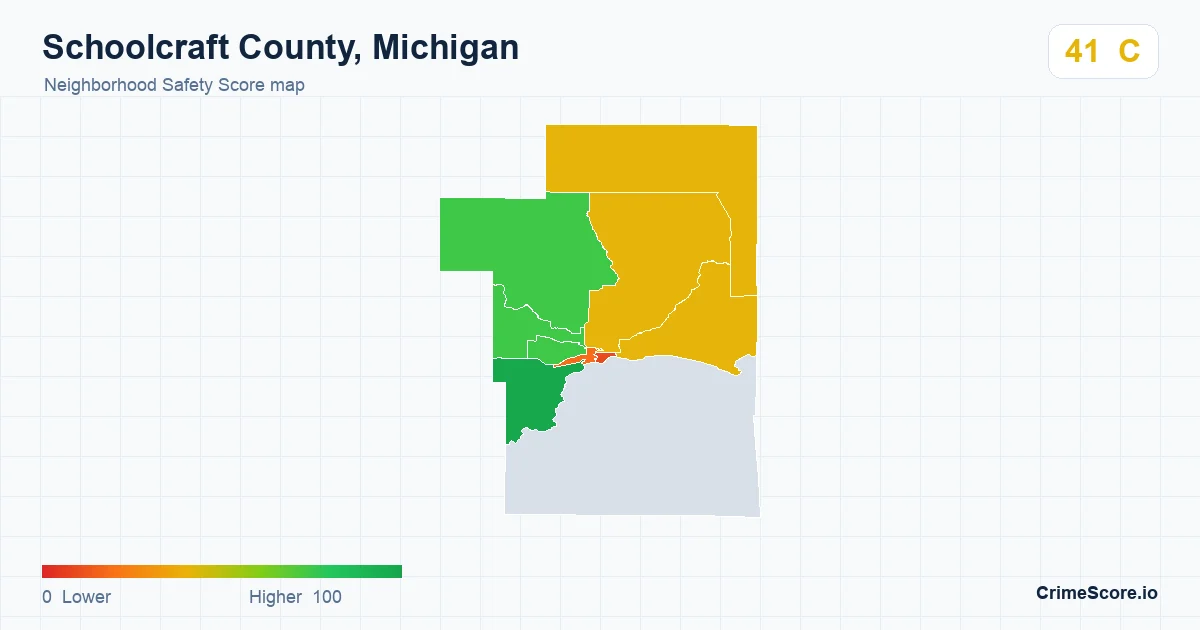 Schoolcraft County, Michigan neighborhood Safety Score map by Census block group