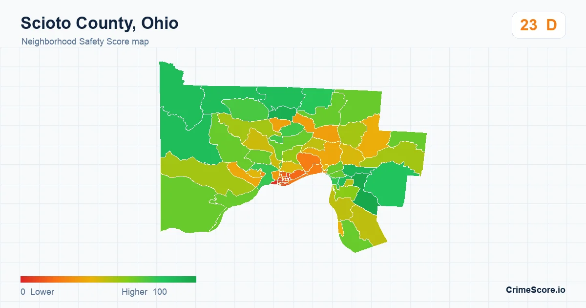 Scioto County, Ohio neighborhood Safety Score map by Census block group