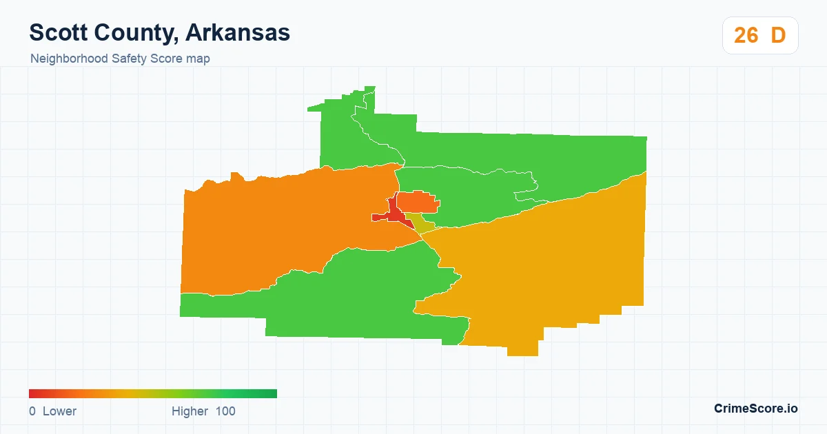 Scott County, Arkansas neighborhood Safety Score map by Census block group