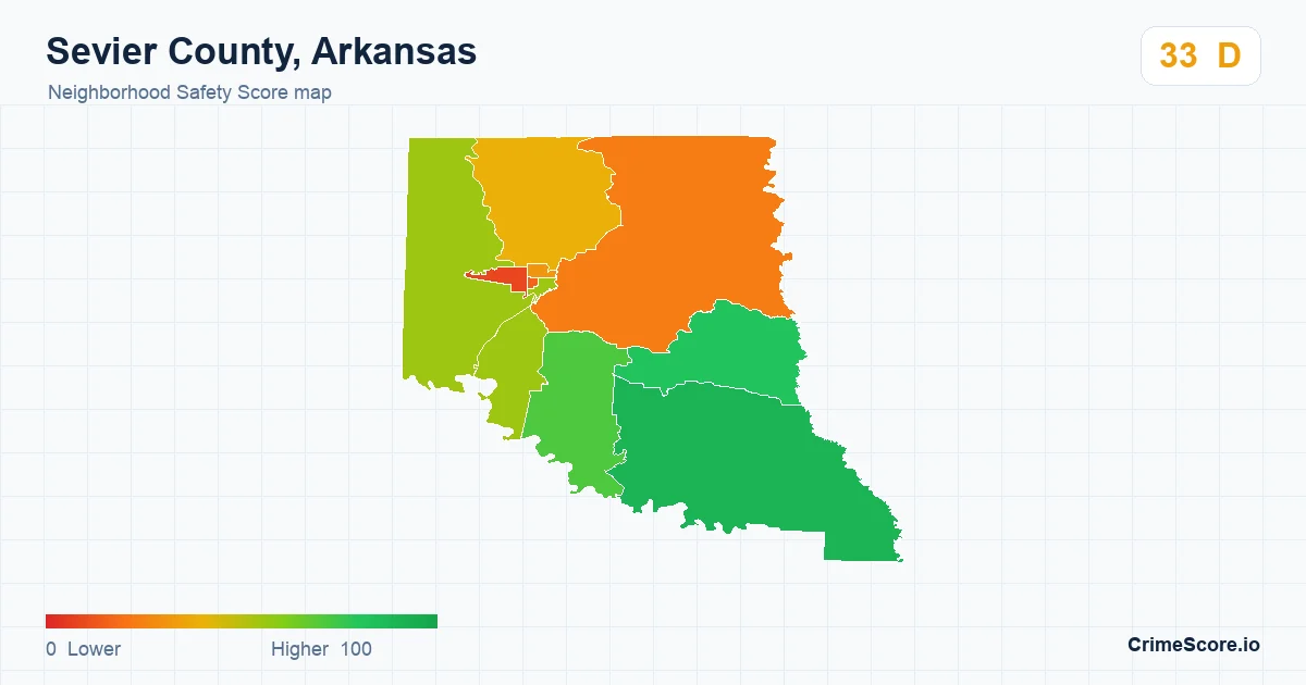 Sevier County, Arkansas neighborhood Safety Score map by Census block group