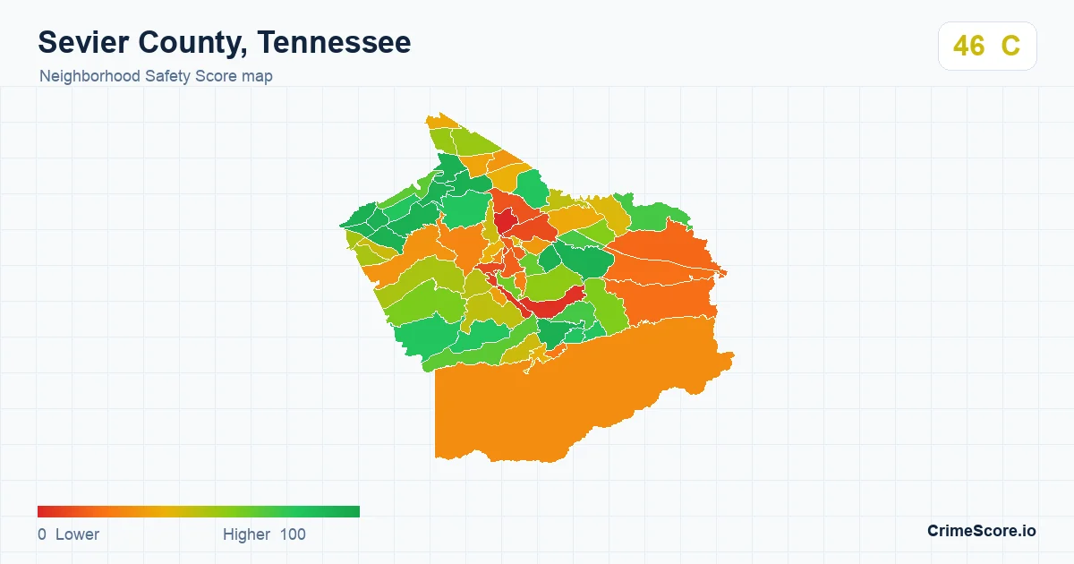 Sevier County, Tennessee neighborhood Safety Score map by Census block group