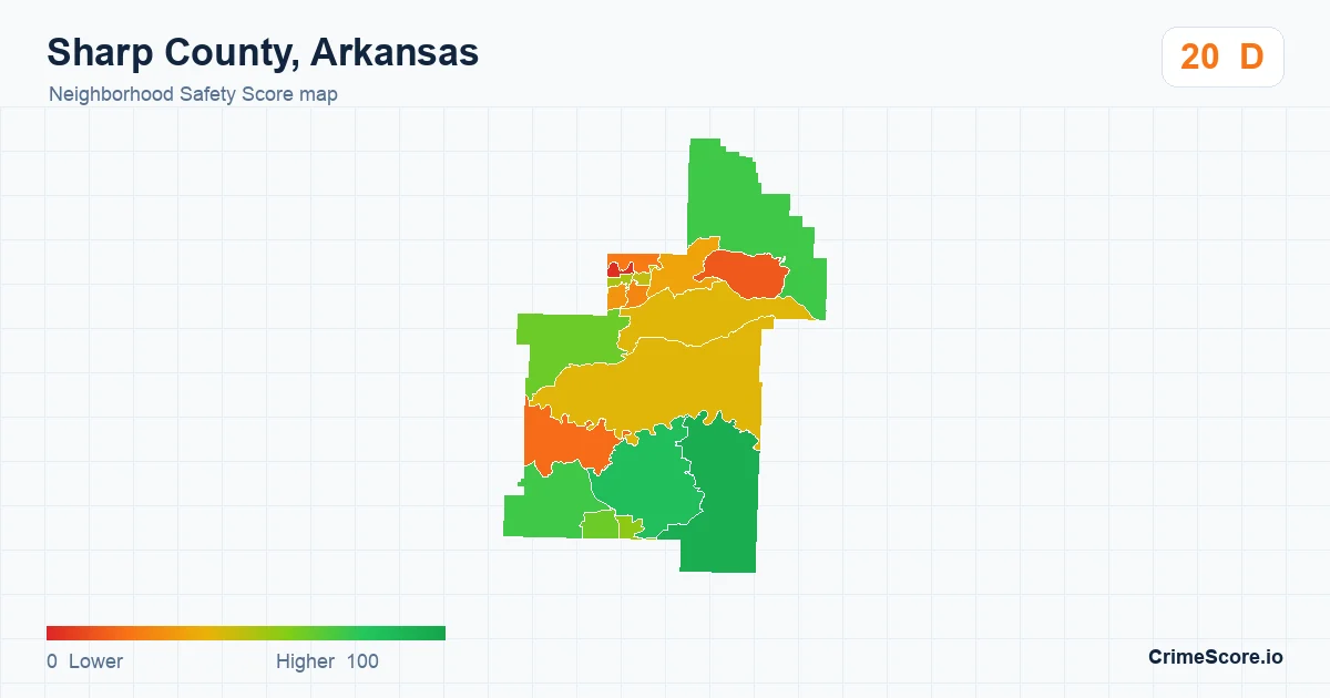 Sharp County, Arkansas neighborhood Safety Score map by Census block group