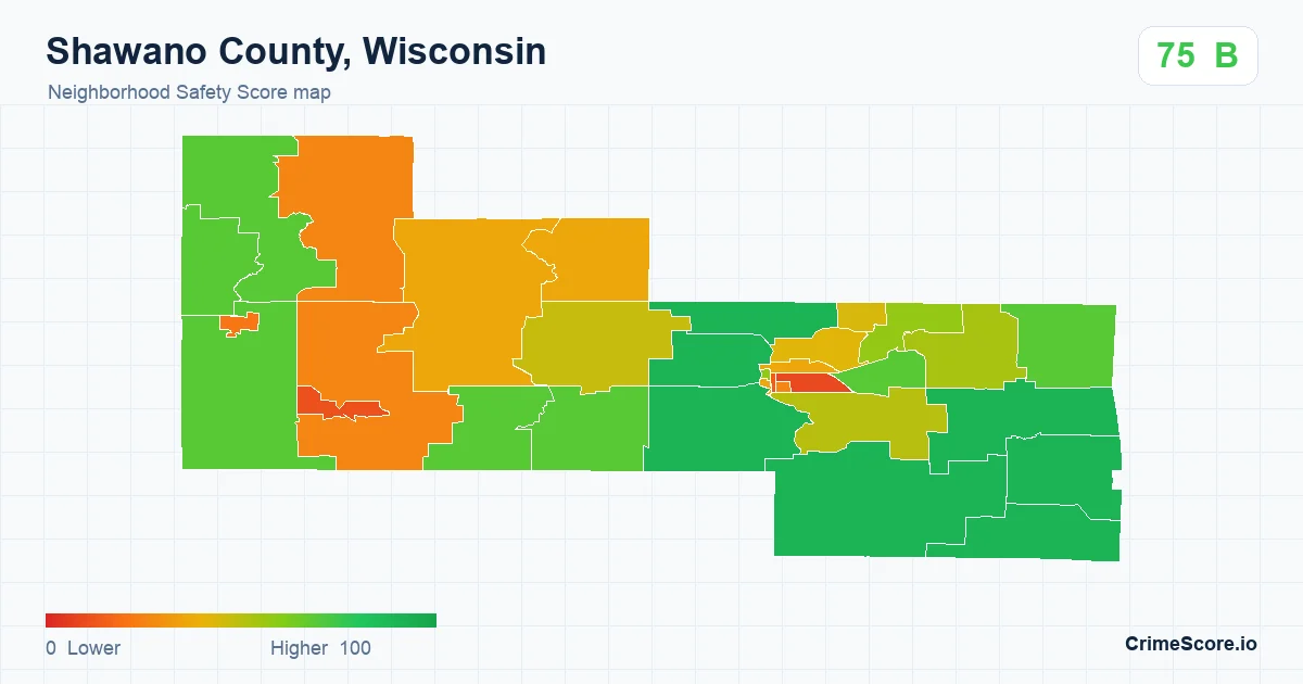 Shawano County, Wisconsin neighborhood Safety Score map by Census block group