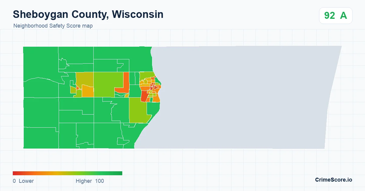 Sheboygan County, Wisconsin neighborhood Safety Score map by Census block group