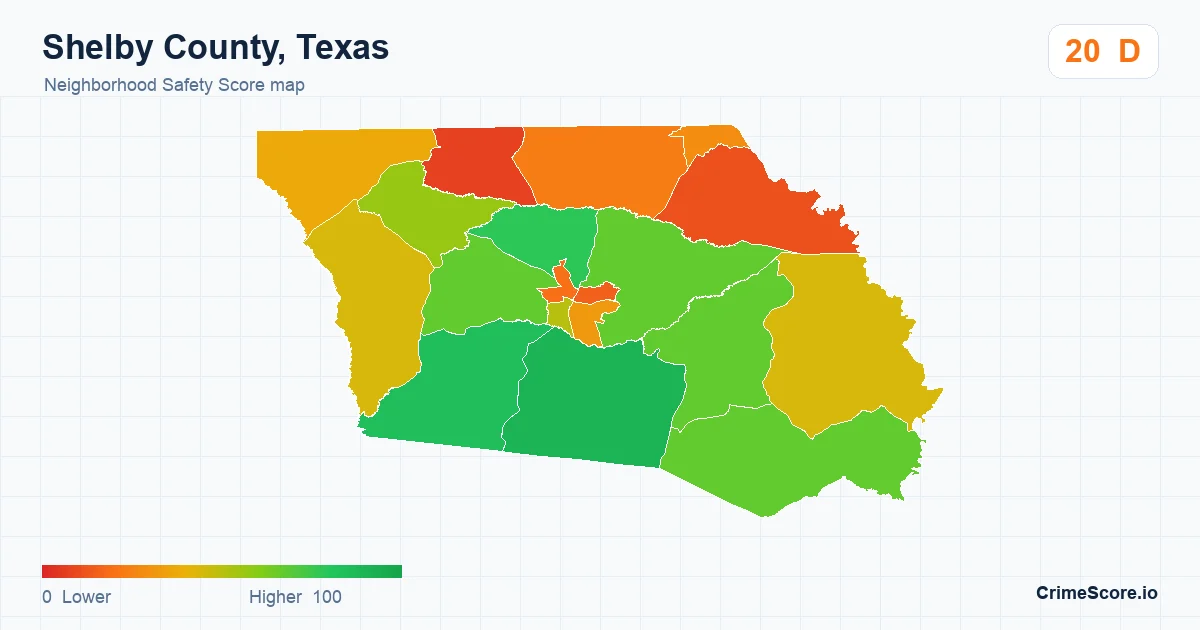 Shelby County, Texas neighborhood Safety Score map by Census block group