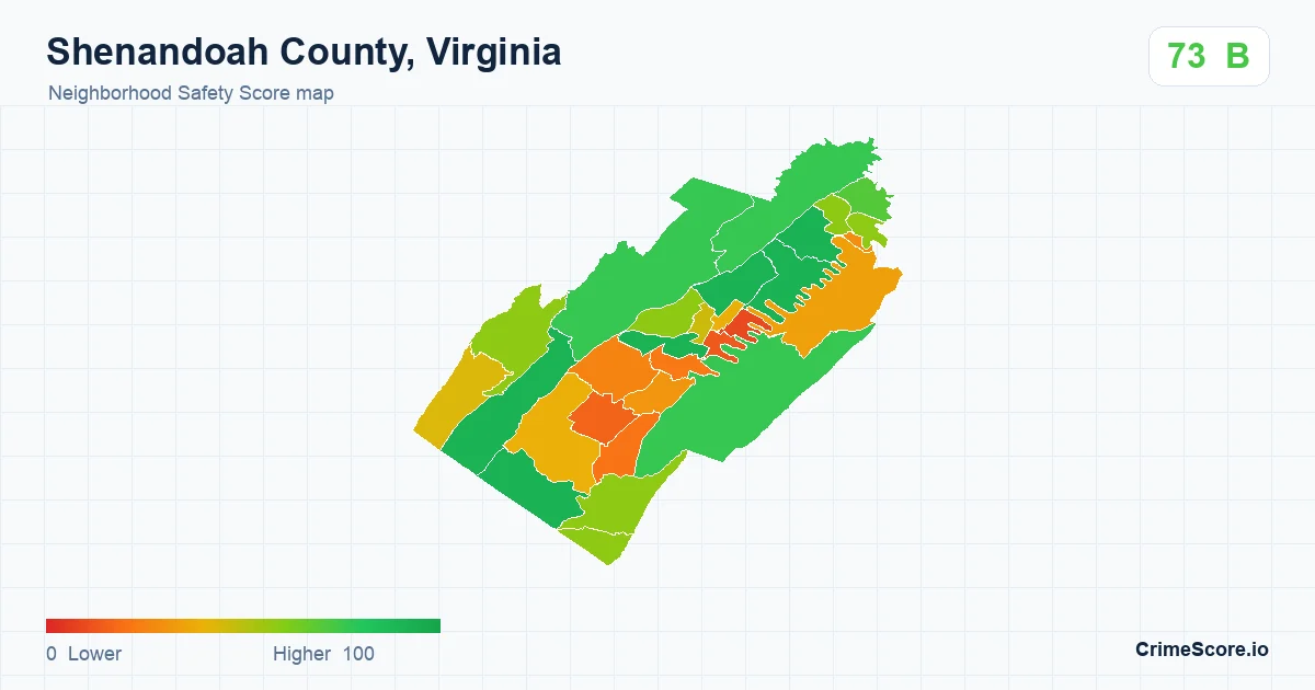 Shenandoah County, Virginia neighborhood Safety Score map by Census block group