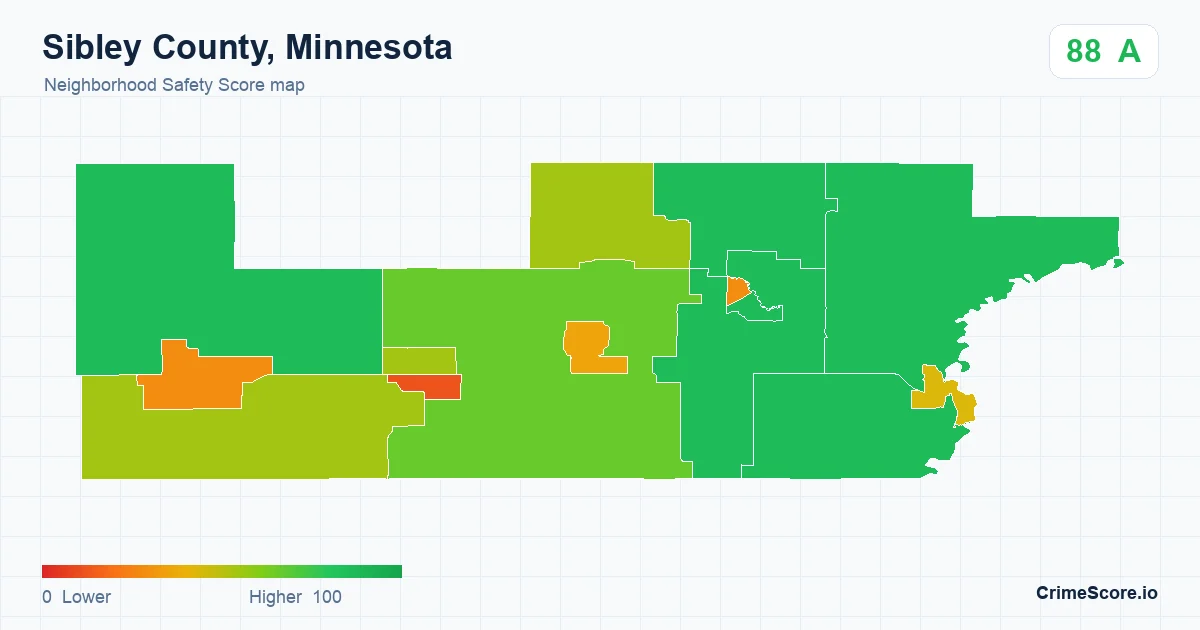 Sibley County, Minnesota neighborhood Safety Score map by Census block group