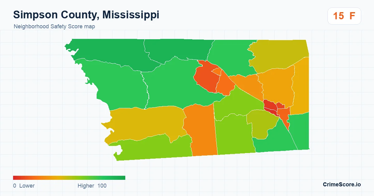 Simpson County, Mississippi neighborhood Safety Score map by Census block group