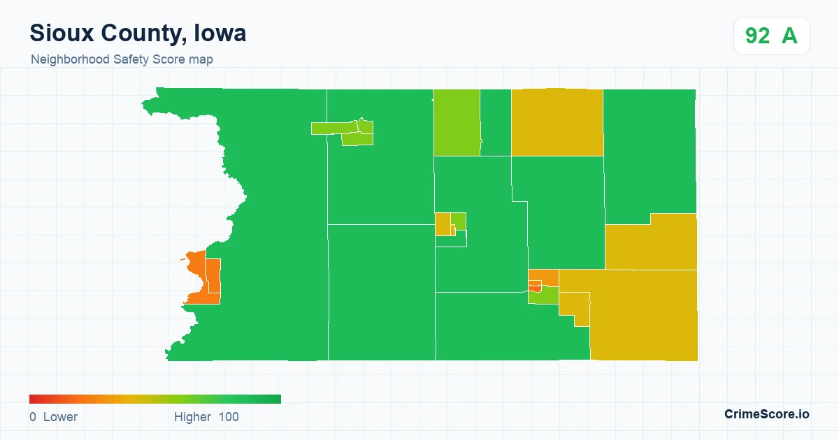 Sioux County, Iowa neighborhood Safety Score map by Census block group