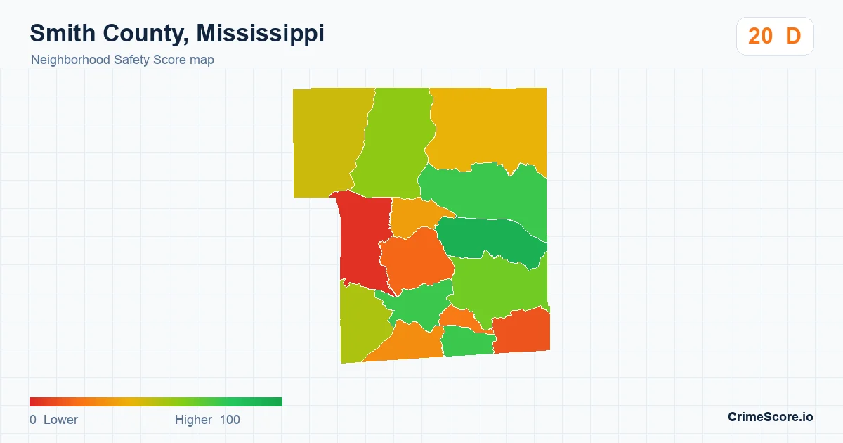 Smith County, Mississippi neighborhood Safety Score map by Census block group