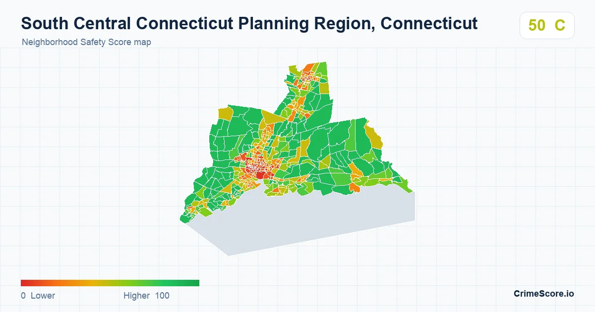 South Central Connecticut Planning Region, Connecticut neighborhood Safety Score map by Census block group
