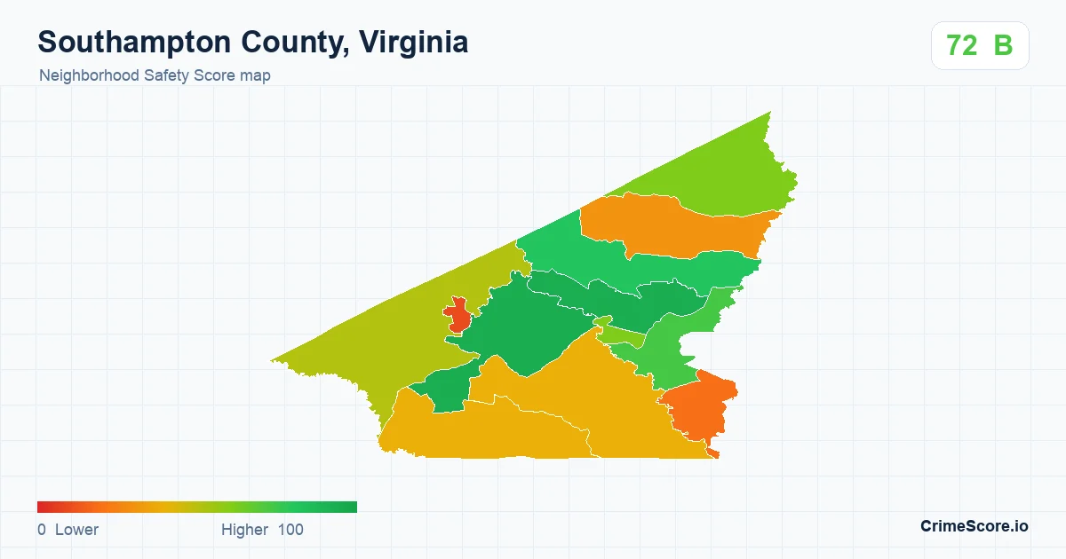 Southampton County, Virginia neighborhood Safety Score map by Census block group