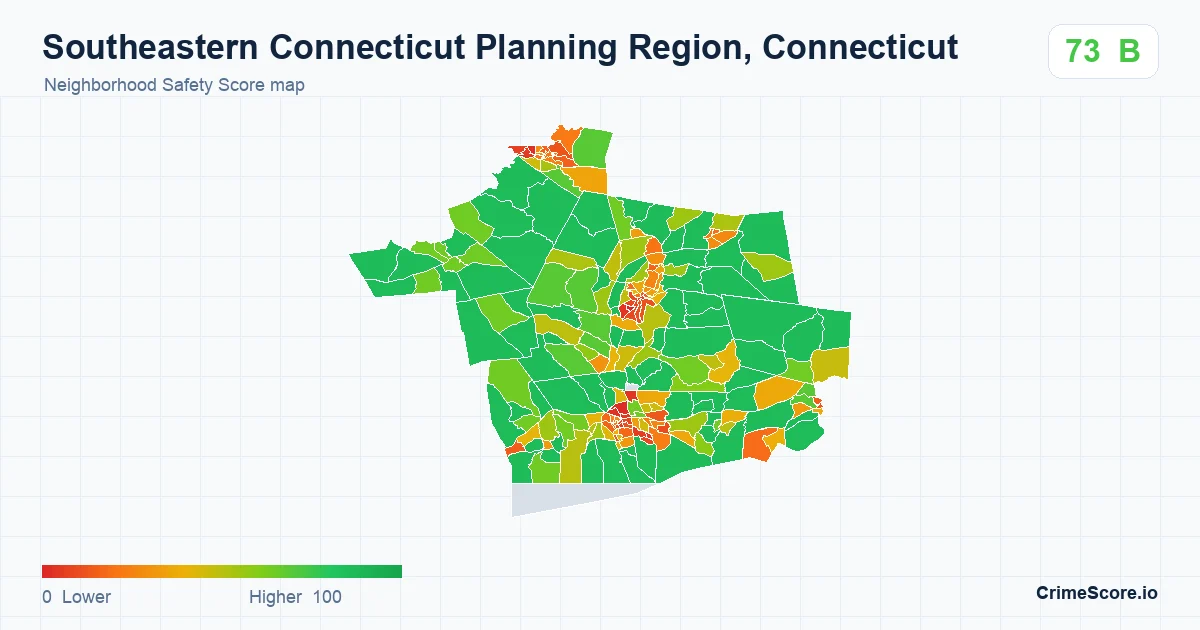 Southeastern Connecticut Planning Region, Connecticut neighborhood Safety Score map by Census block group