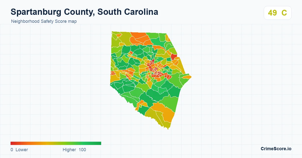Spartanburg County, South Carolina neighborhood Safety Score map by Census block group