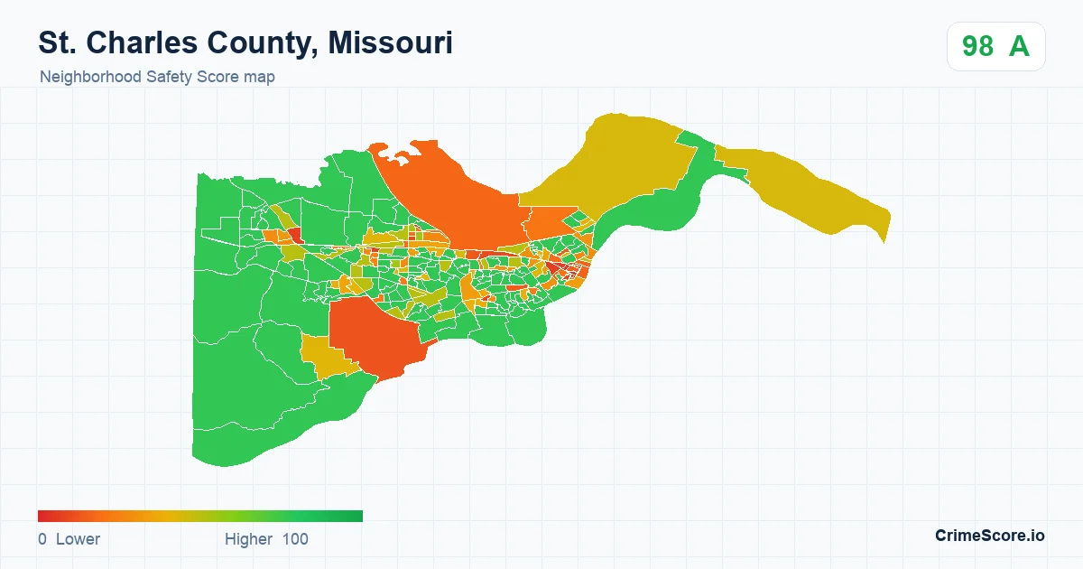 St. Charles County, Missouri neighborhood Safety Score map by Census block group