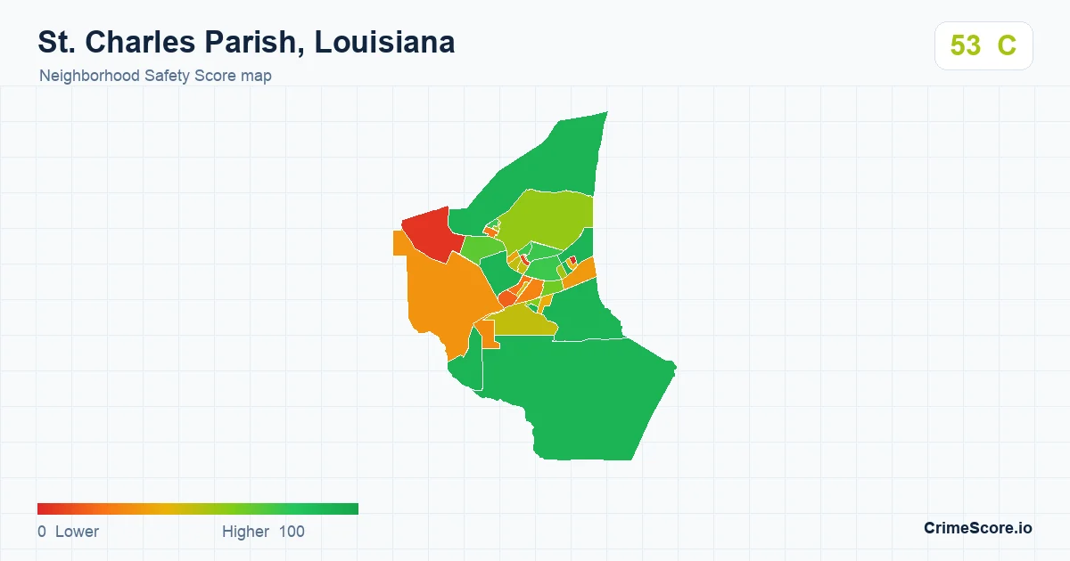 St. Charles Parish, Louisiana neighborhood Safety Score map by Census block group