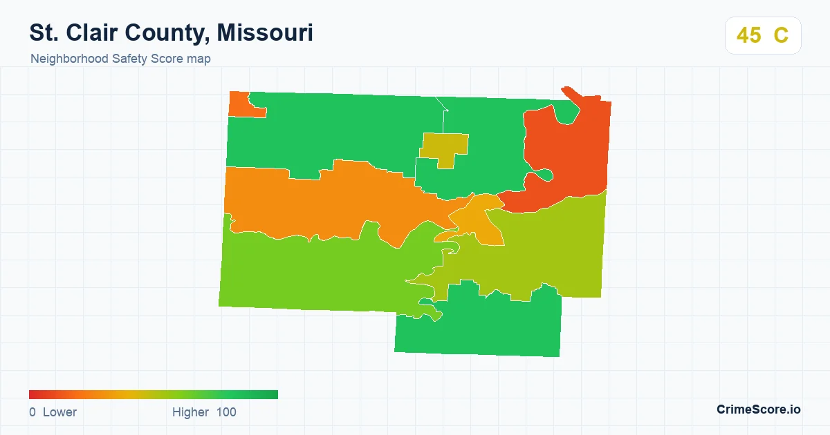 St. Clair County, Missouri neighborhood Safety Score map by Census block group