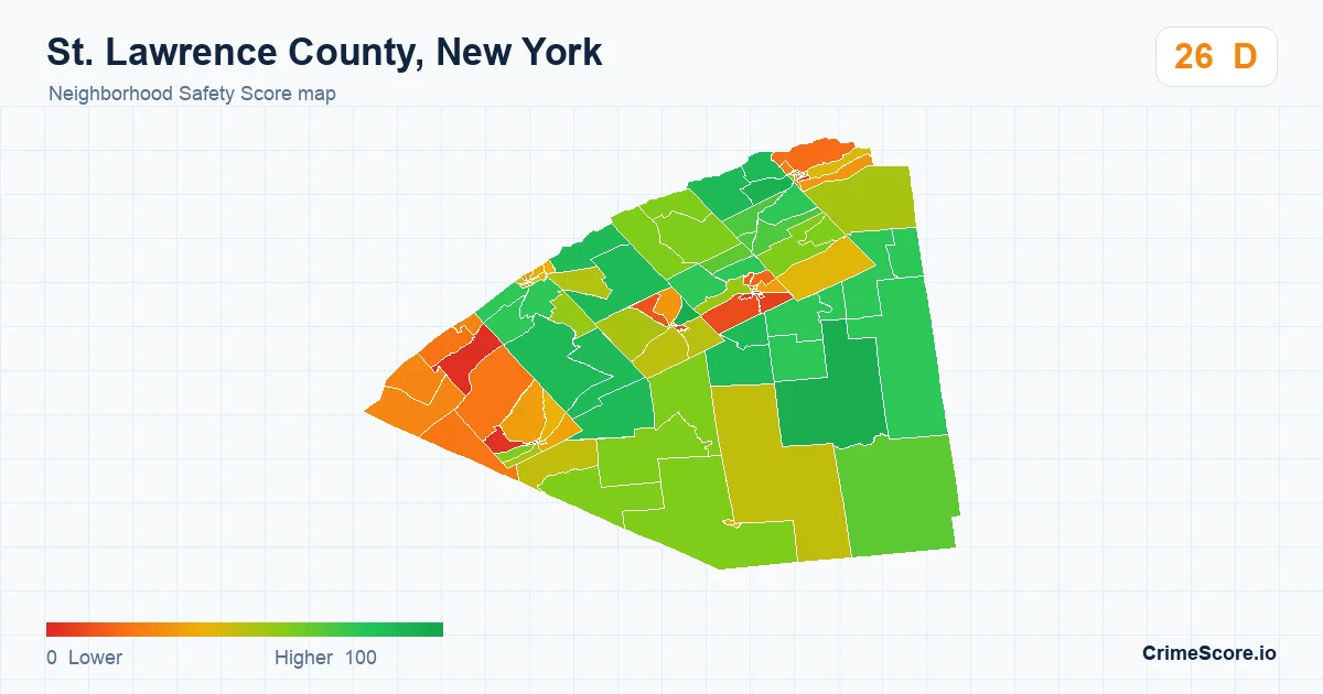 St. Lawrence County, New York neighborhood Safety Score map by Census block group