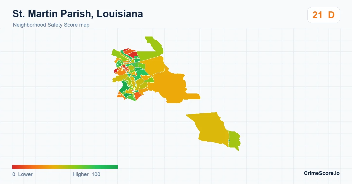 St. Martin Parish, Louisiana neighborhood Safety Score map by Census block group