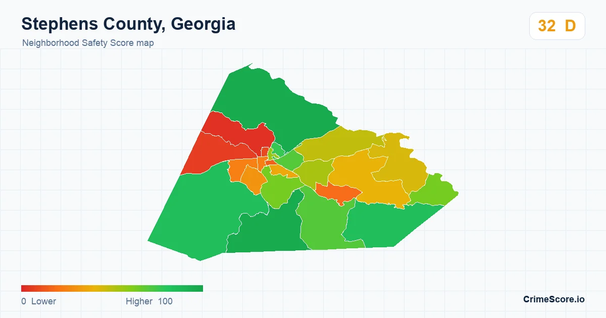 Stephens County, Georgia neighborhood Safety Score map by Census block group