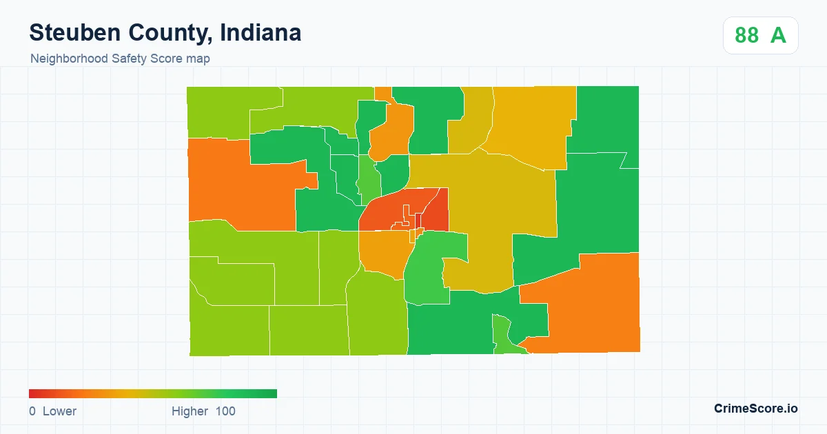 Steuben County, Indiana neighborhood Safety Score map by Census block group