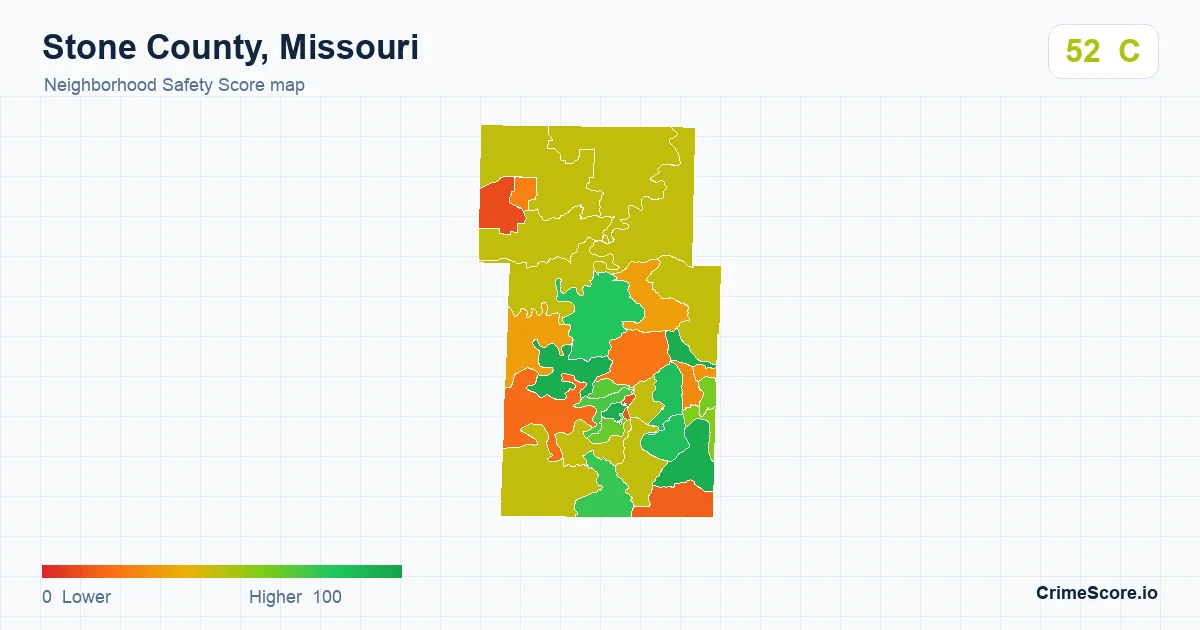Stone County, Missouri neighborhood Safety Score map by Census block group