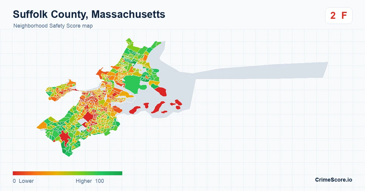 Suffolk County, Massachusetts neighborhood Safety Score map by Census block group