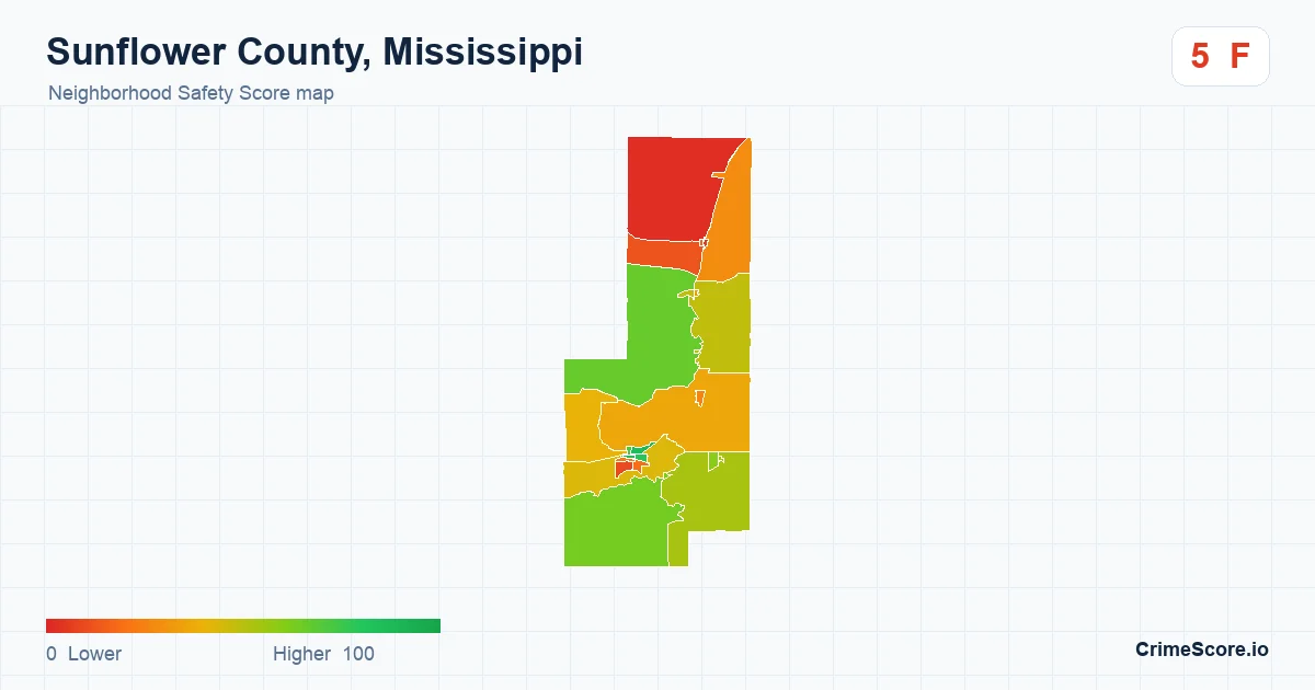 Sunflower County, Mississippi neighborhood Safety Score map by Census block group