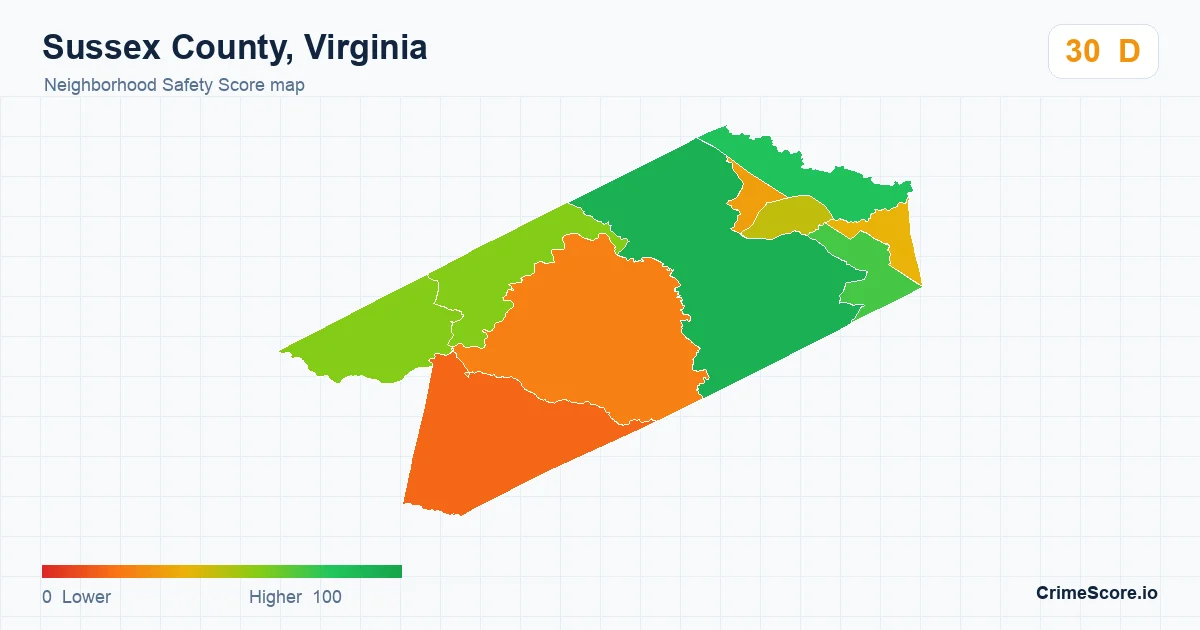 Sussex County, Virginia neighborhood Safety Score map by Census block group