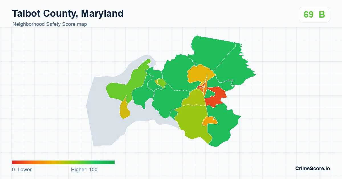 Talbot County, Maryland neighborhood Safety Score map by Census block group
