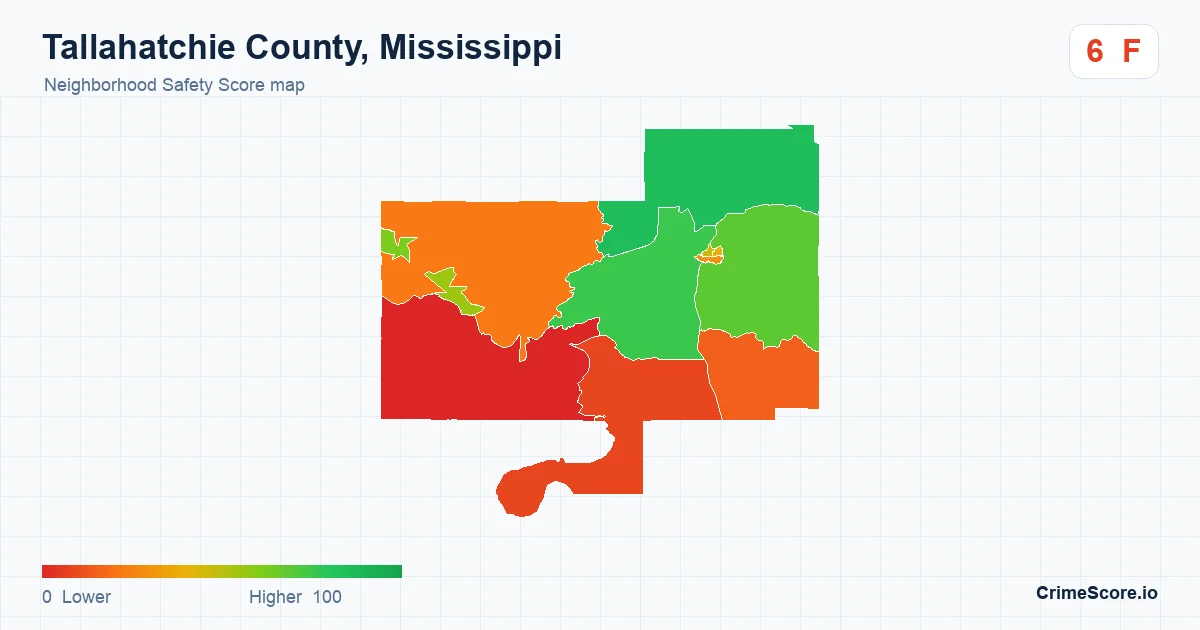 Tallahatchie County, Mississippi neighborhood Safety Score map by Census block group