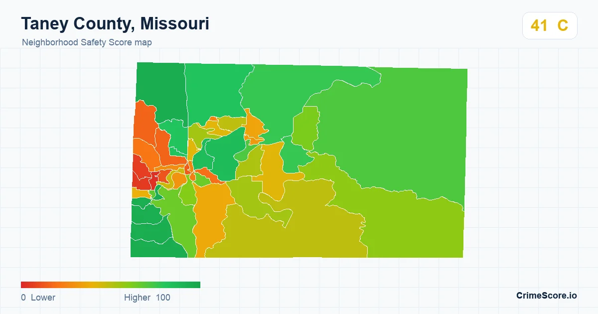 Taney County, Missouri neighborhood Safety Score map by Census block group