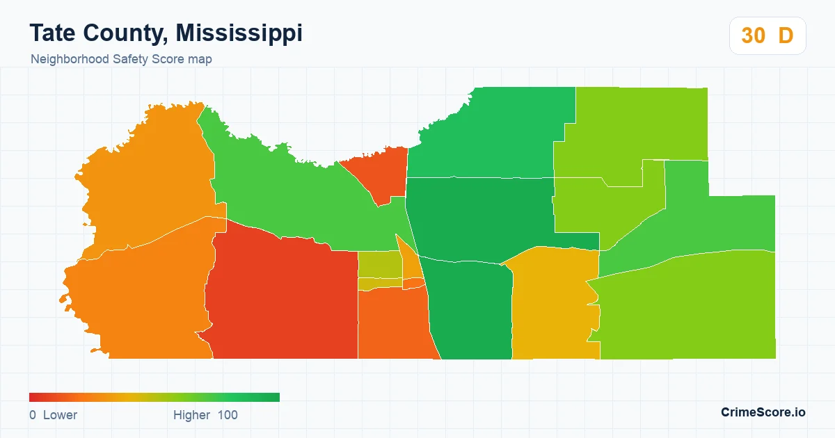 Tate County, Mississippi neighborhood Safety Score map by Census block group