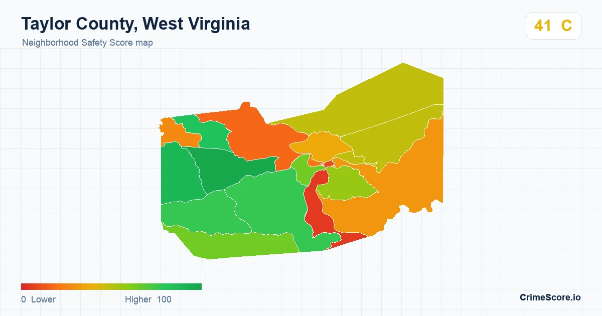 Taylor County, West Virginia neighborhood Safety Score map by Census block group