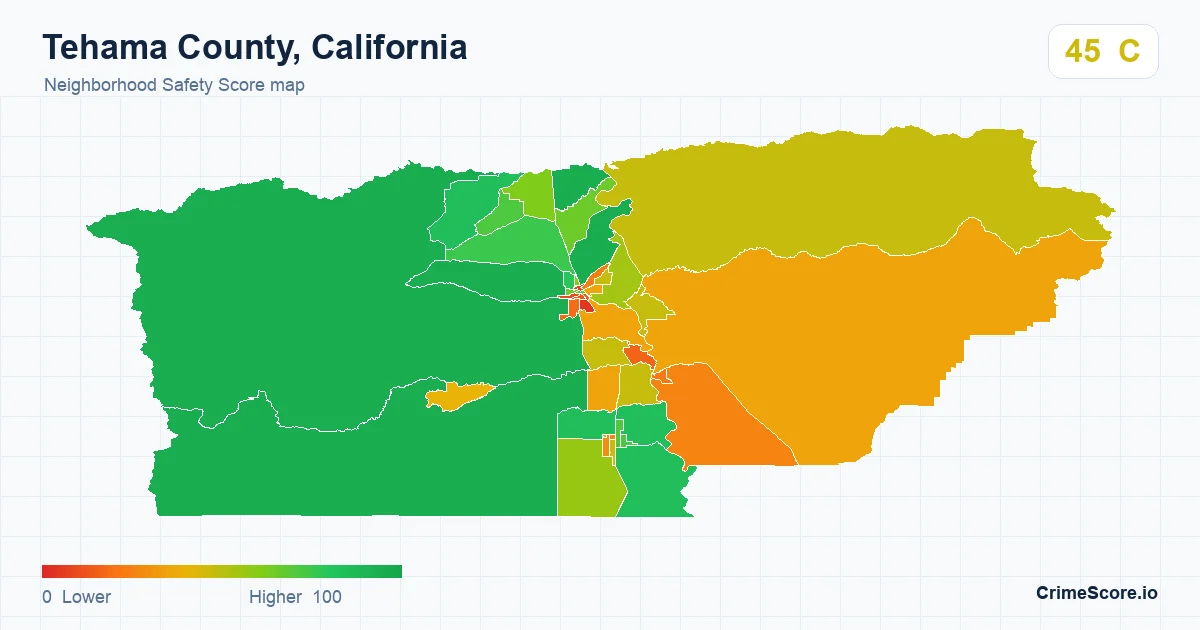 Tehama County, California neighborhood Safety Score map by Census block group