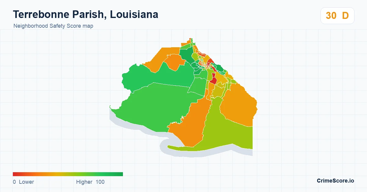 Terrebonne Parish, Louisiana neighborhood Safety Score map by Census block group