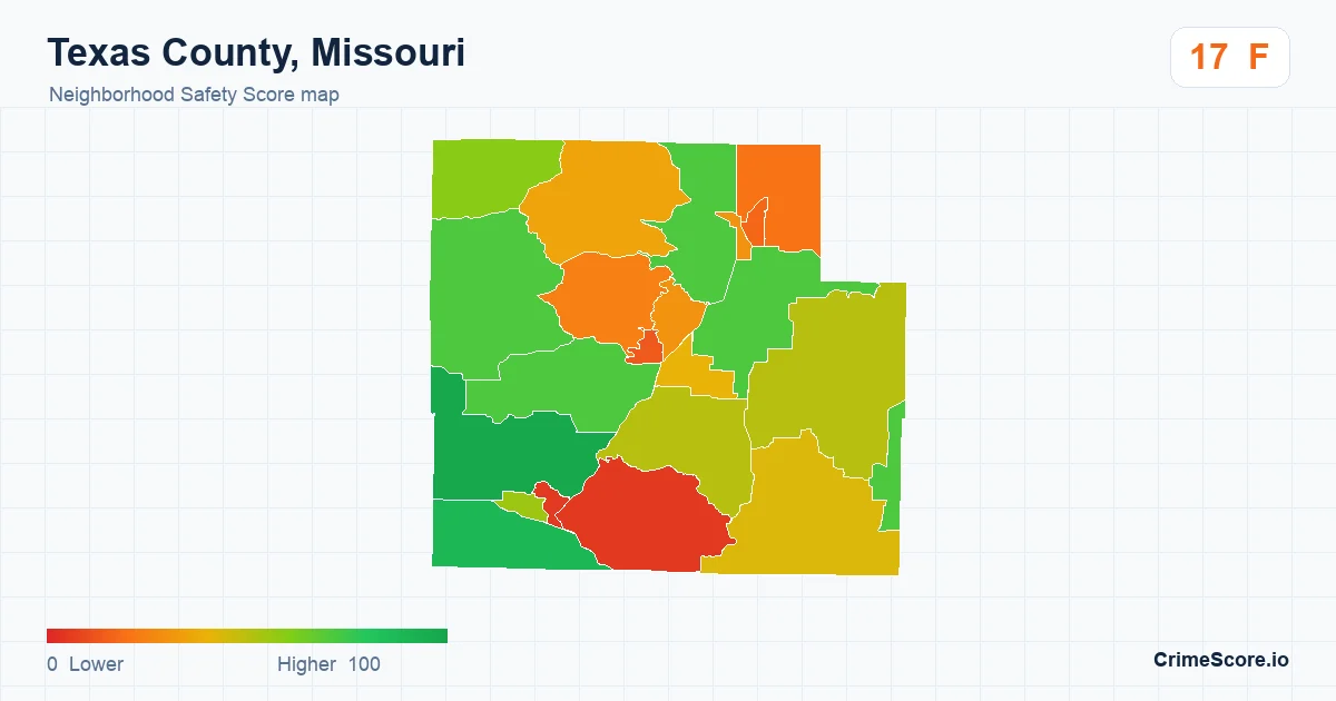 Texas County, Missouri neighborhood Safety Score map by Census block group
