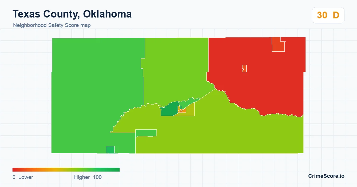 Texas County, Oklahoma neighborhood Safety Score map by Census block group