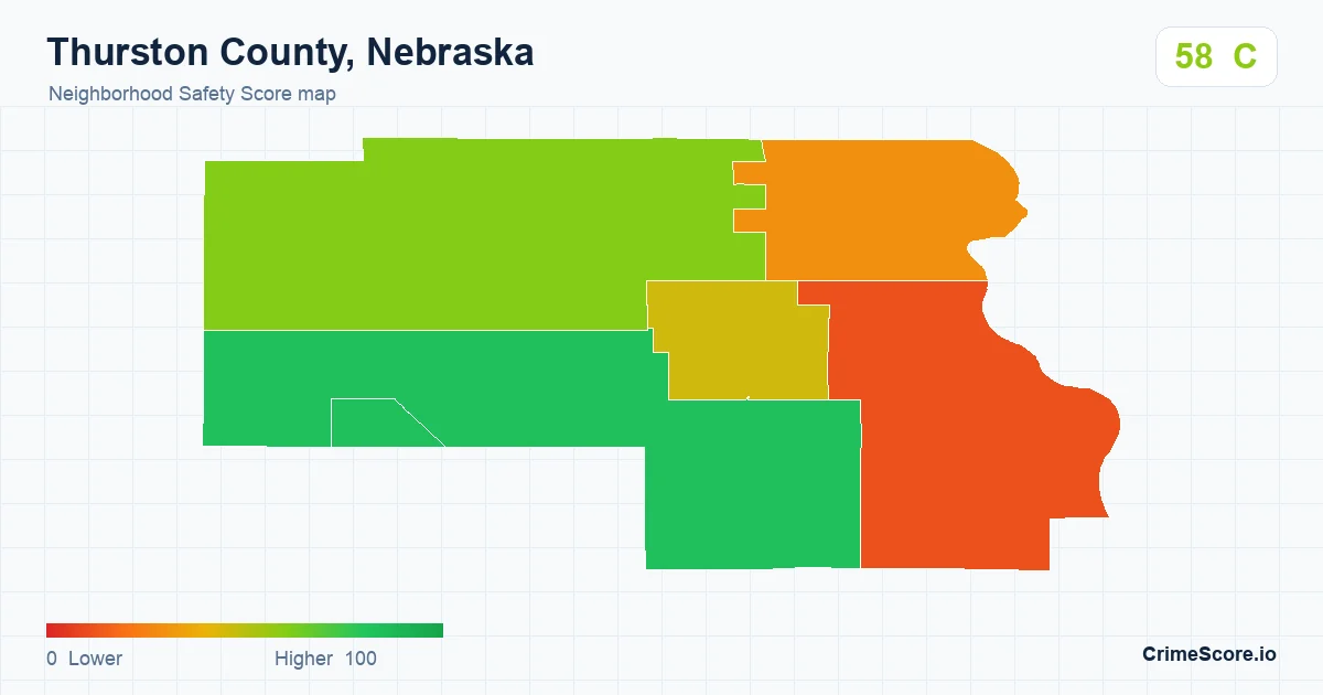 Thurston County, Nebraska neighborhood Safety Score map by Census block group