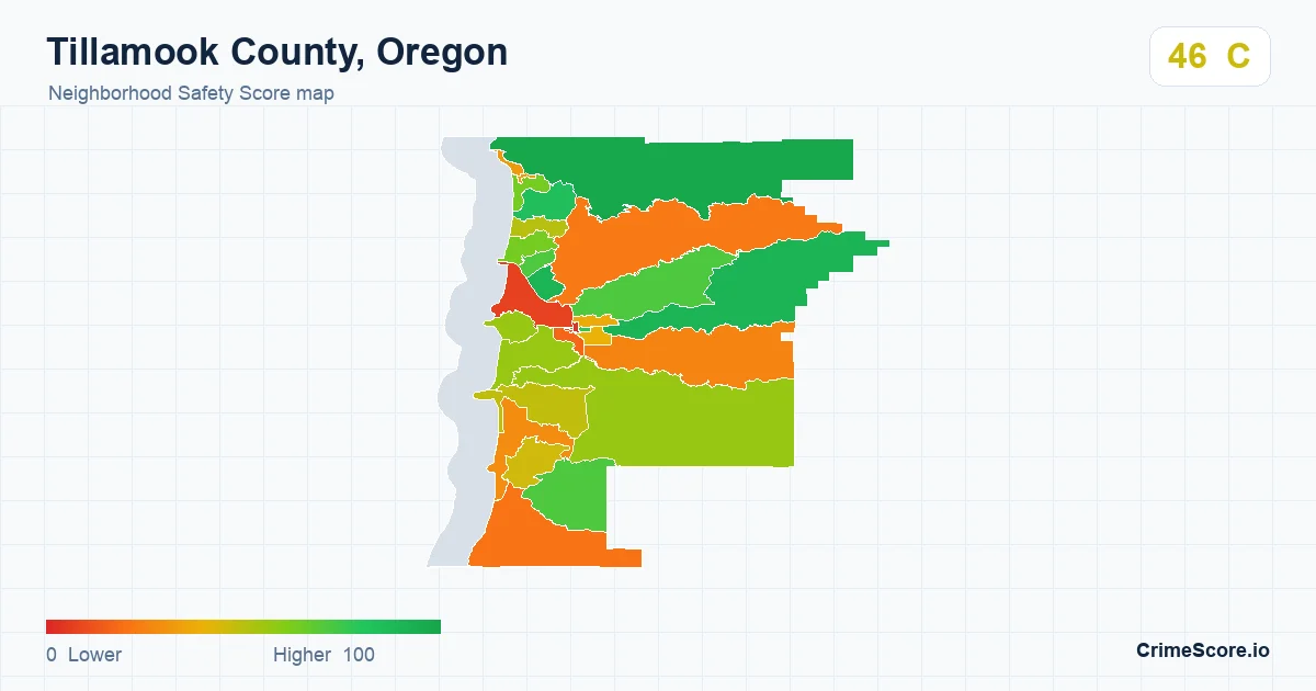 Tillamook County, Oregon neighborhood Safety Score map by Census block group